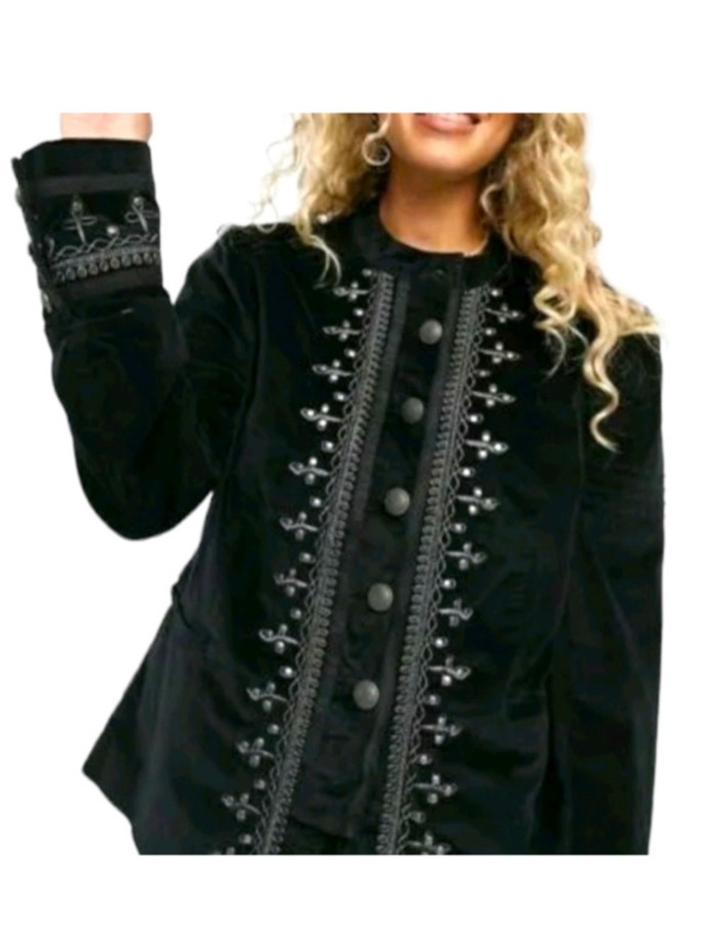 🦋 Free People Maven Embroidered Stretch-Velvet Jacket In Black - Picture 12 of 15